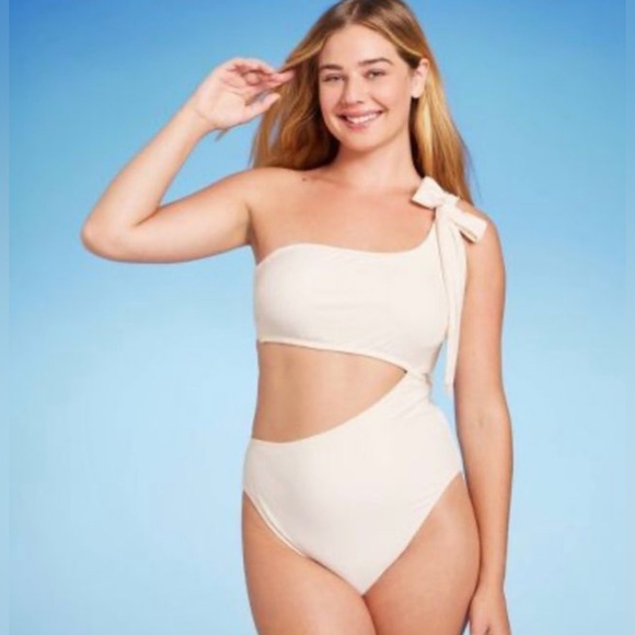 Ricki Rum Nude Ribbed Swimsuit One piece One Shoulder Swimwear Sz M - Picture 1 of 10
